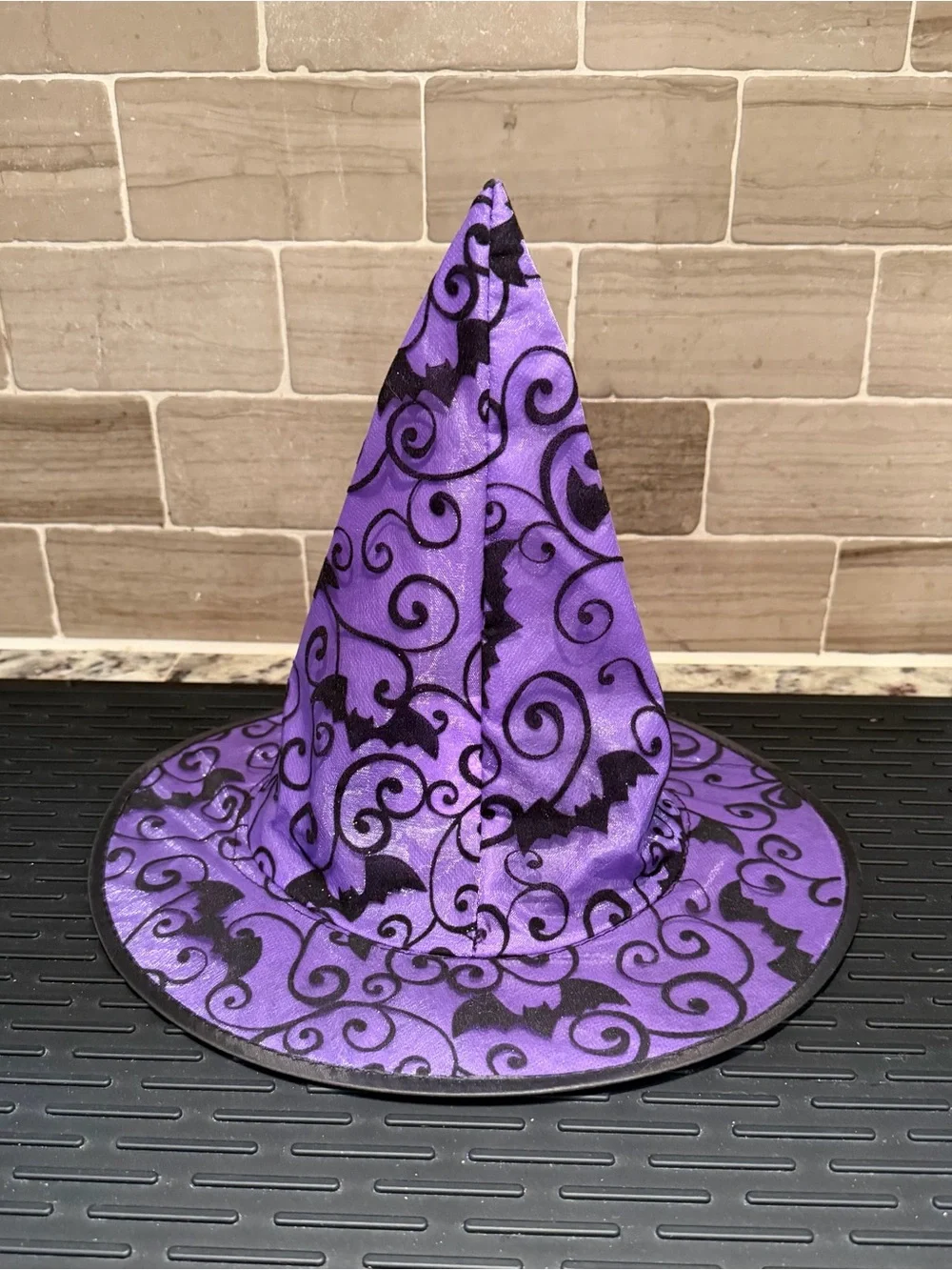 Y2K Vtg 2010 Purple & Black Velvet Flock Bat Swirl Witch Hat Costume Accent